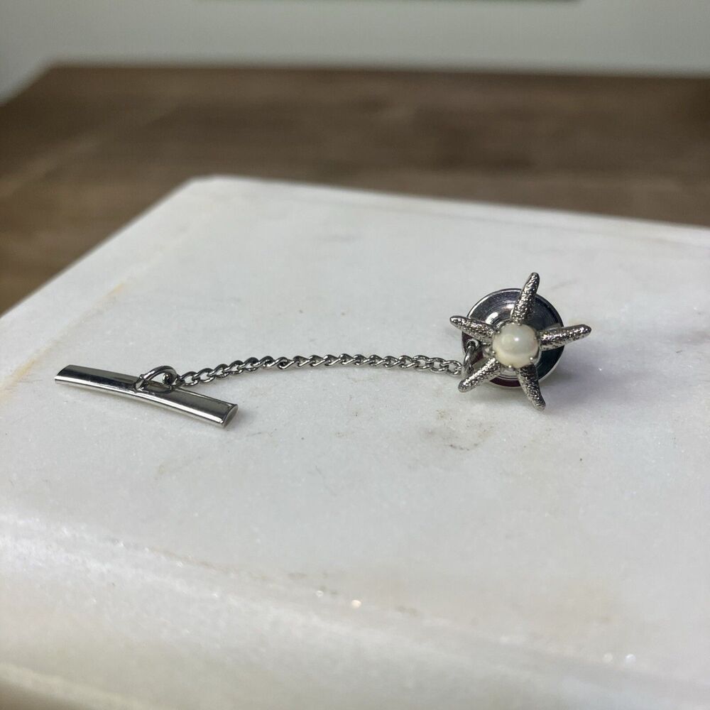 VTG Tie Tack Tie Pin Silver Tone Starfish Pearl Safety Back Beach Vibe Wedding